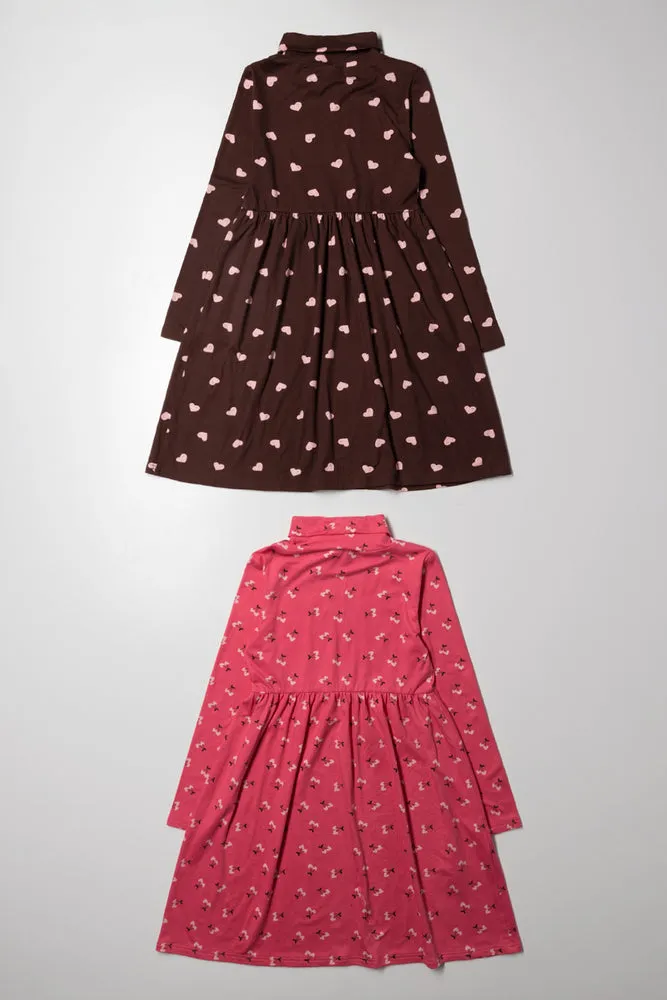 2 Pack Cherry Poloneck Dress Pink And Brown
