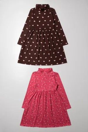 2 Pack Cherry Poloneck Dress Pink And Brown