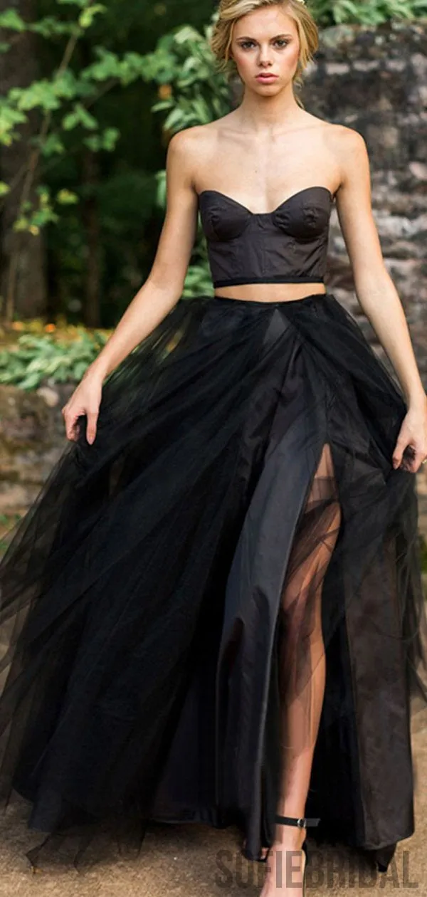 2 Pieces Black Satin Top Tulle Prom Dresses, Unique Black Prom Dresses, PD0888