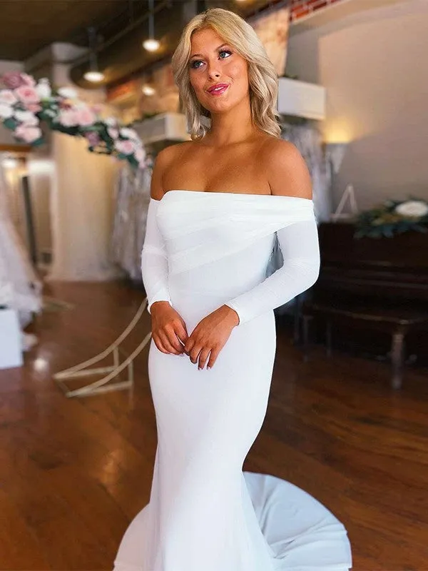 2025 White Satin Prom Dresses Long Sleeves Mermaid Wedding Dress Ruched