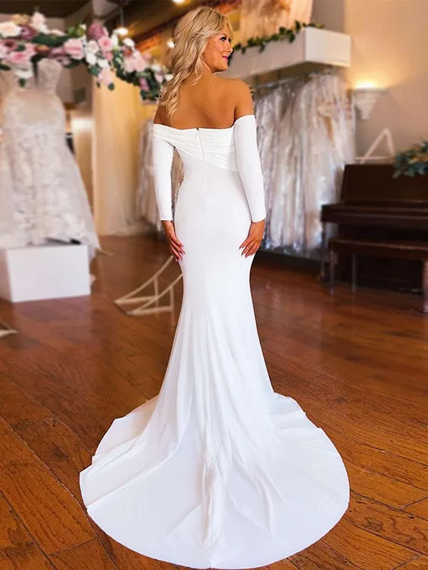 2025 White Satin Prom Dresses Long Sleeves Mermaid Wedding Dress Ruched