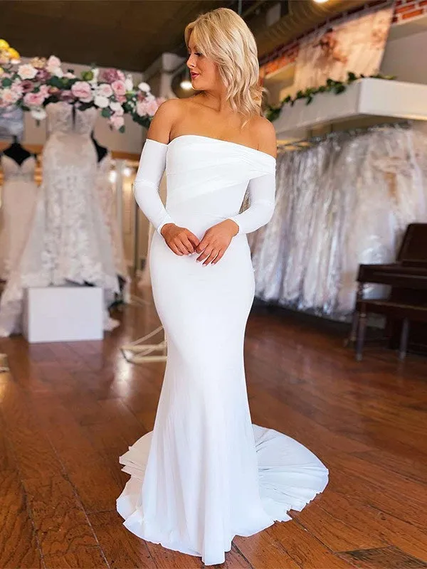 2025 White Satin Prom Dresses Long Sleeves Mermaid Wedding Dress Ruched