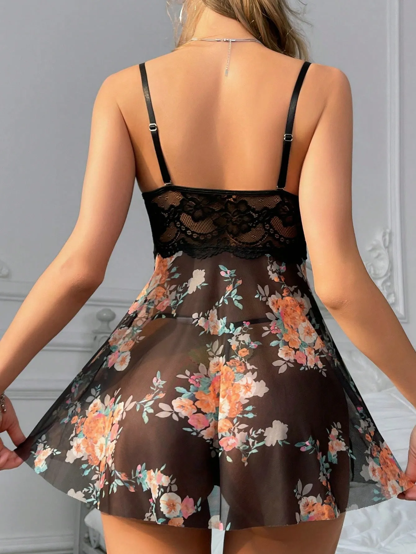 2pcs/Set Lingerie Lace & Mesh Splicing G-String Underwear with steel Ring