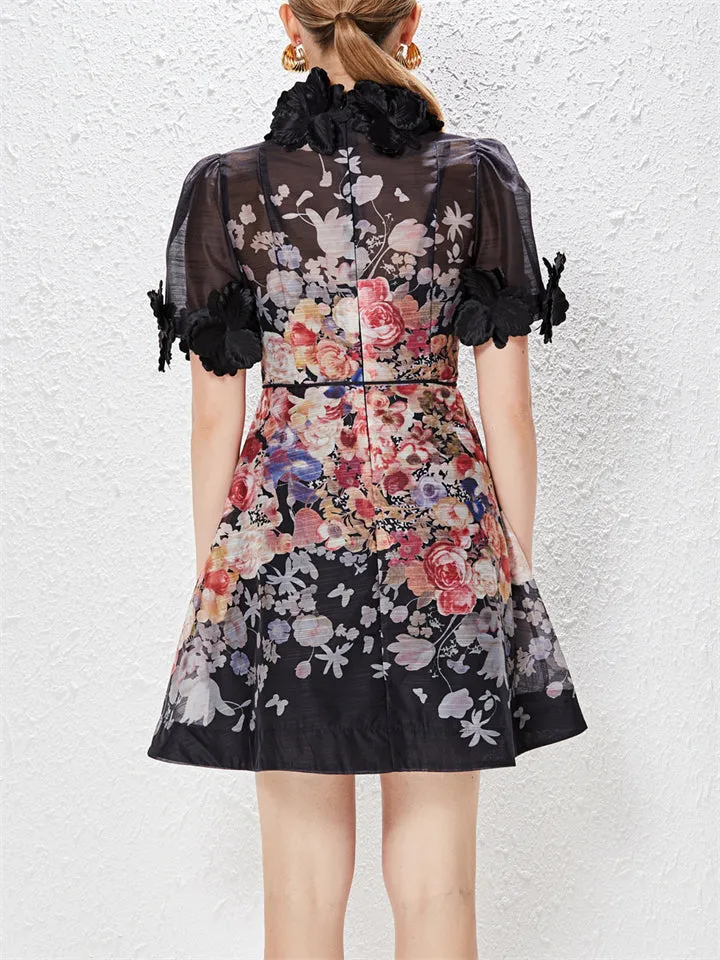 3D Flower Lace-Up Print Mini Dresses for Ladies