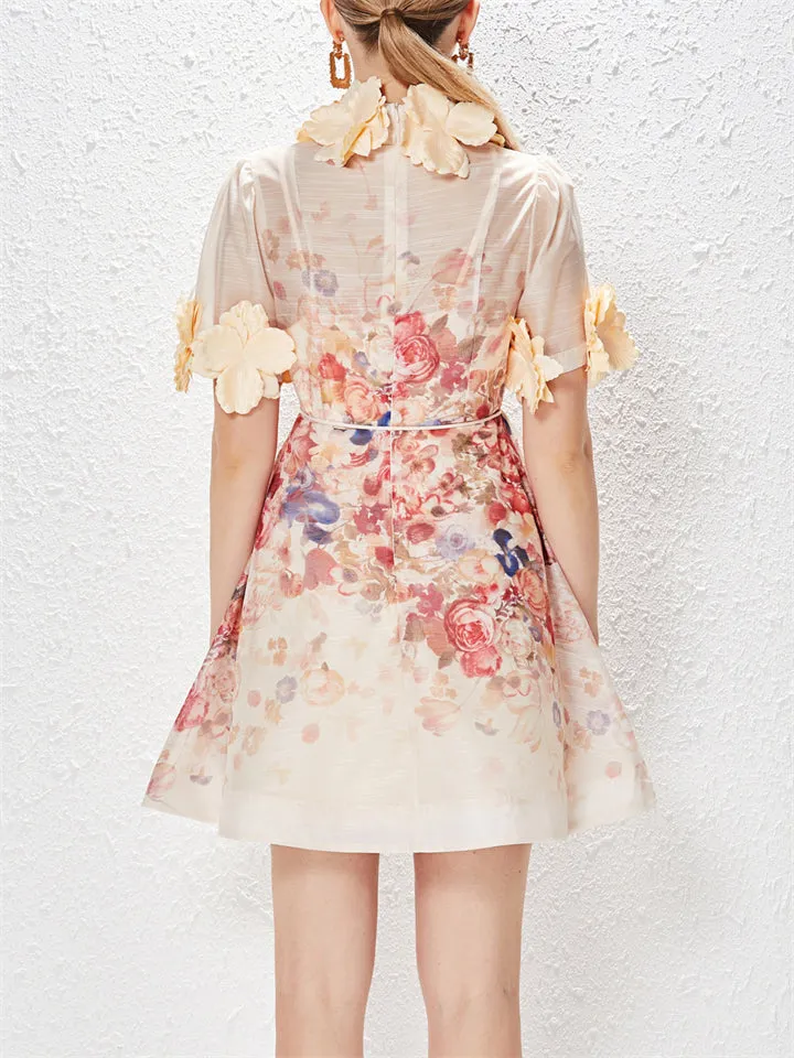 3D Flower Lace-Up Print Mini Dresses for Ladies