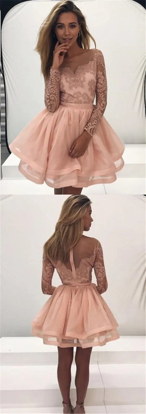 A-Line Bateau Plush Pink Long Sleeve Tulle Homecoming Dresses with Appliques, TYP1081