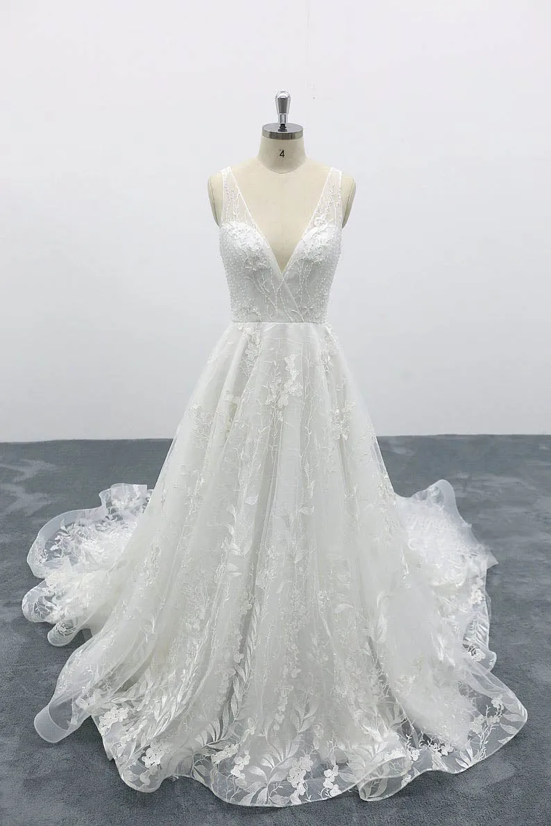 A-line Deep V Neck Fairy Tale Wedding Dresses Lace Tulle Bridal Dresses OKU96