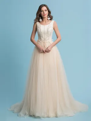 A-Line Engagement Bridal Dress Jewel Neck Detachable Sweep / Brush Train Tulle with Appliques