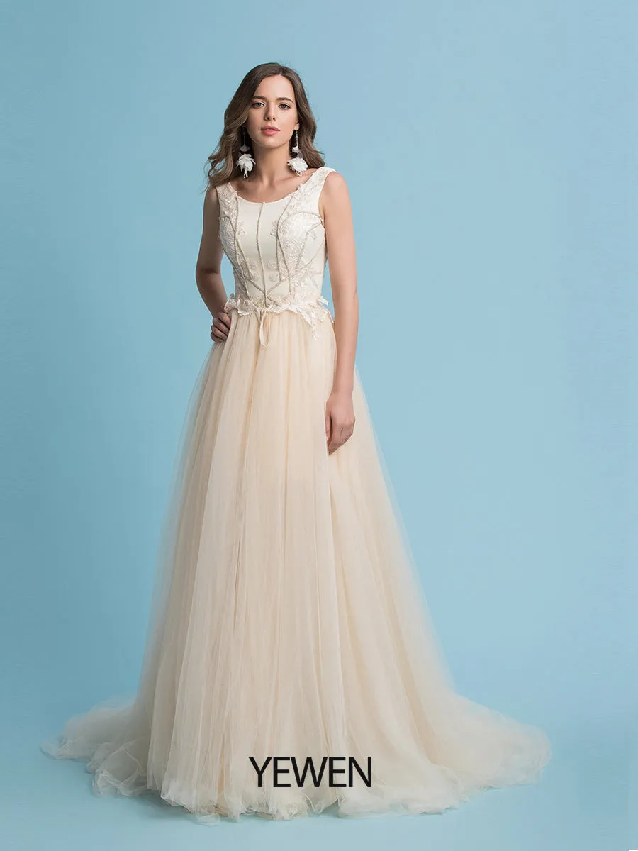 A-Line Engagement Bridal Dress Jewel Neck Detachable Sweep / Brush Train Tulle with Appliques