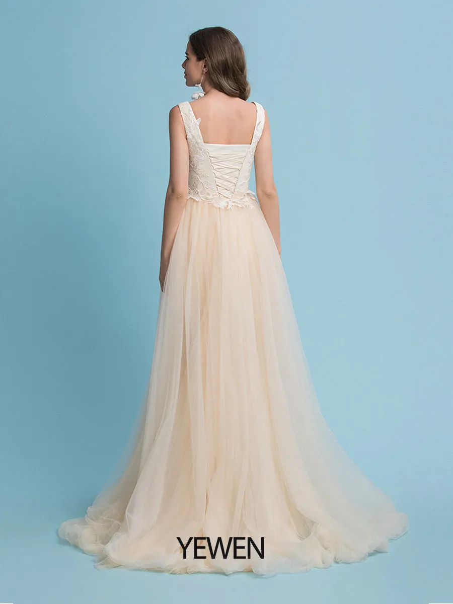 A-Line Engagement Bridal Dress Jewel Neck Detachable Sweep / Brush Train Tulle with Appliques