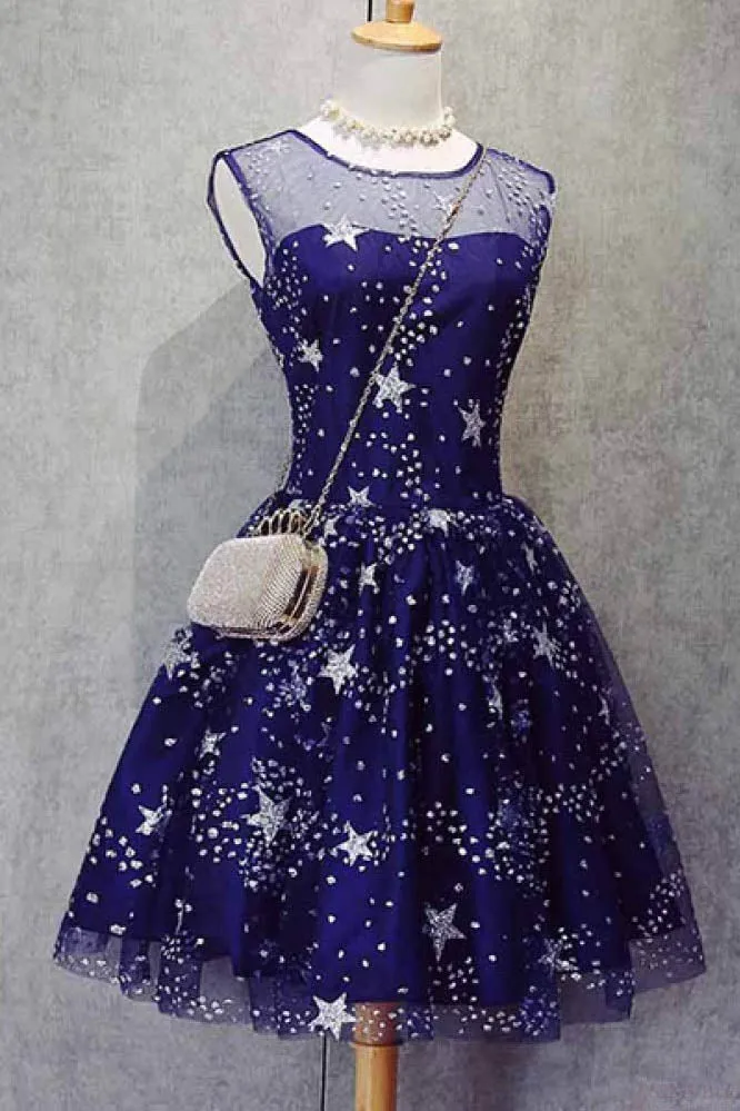 A Line Knee Length Beading Royal Blue Homecoming Dresses,Short Shiny Prom Dresses OK489