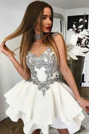 A-Line Round Neck Off White Satin Mini Homecoming Dresses with Appliques OKA60