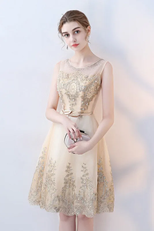 A-Line Round Neck Short Lace Appliques Homecoming Dresses OKC97