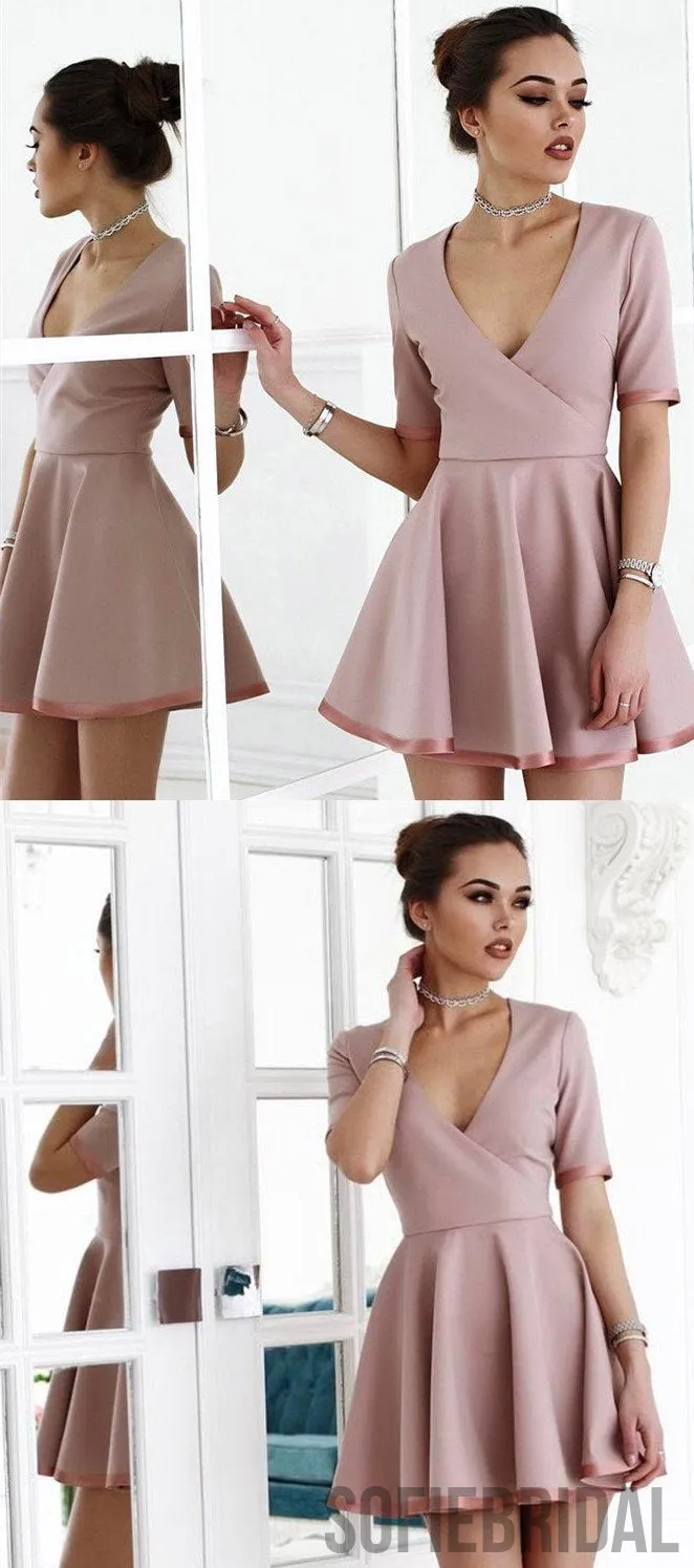 A-line V-neck Short Sleeves Cheap Homecoming Dress With Ruffles, HD0175