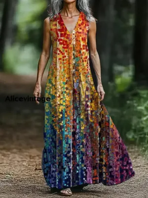 Abstract Art Print V-neck Sleeveless Loose Midi Dress