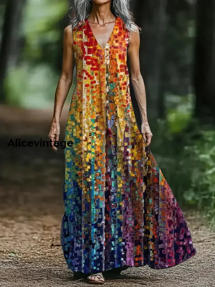 Abstract Art Print V-neck Sleeveless Loose Midi Dress
