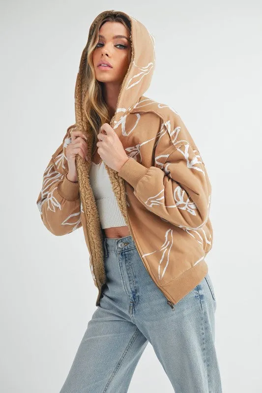 Aemi   Co Flower Print Zip Up Sherpa Hoodie
