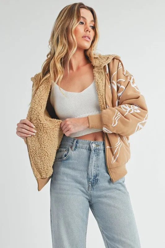 Aemi   Co Flower Print Zip Up Sherpa Hoodie