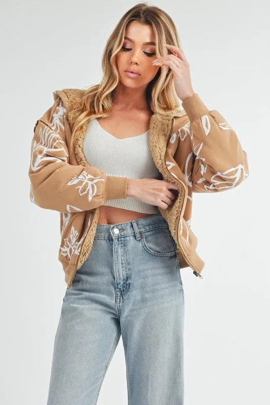 Aemi   Co Flower Print Zip Up Sherpa Hoodie