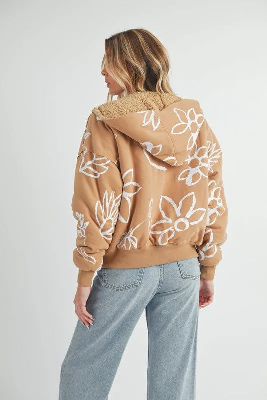 Aemi   Co Flower Print Zip Up Sherpa Hoodie