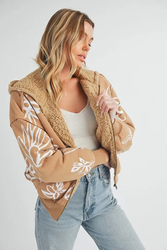 Aemi   Co Flower Print Zip Up Sherpa Hoodie