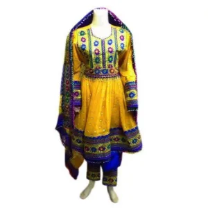 Afghan Persian Dress Frock In Yellow Blue Color