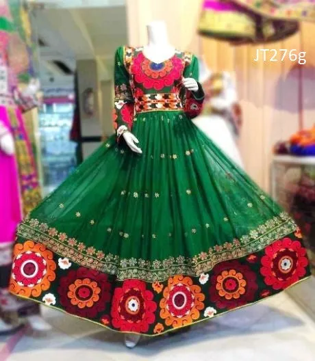 Afghani Dress In Green Color With Large Flower Embroidery