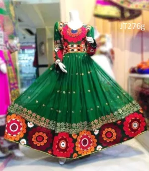 Afghani Dress In Green Color With Large Flower Embroidery