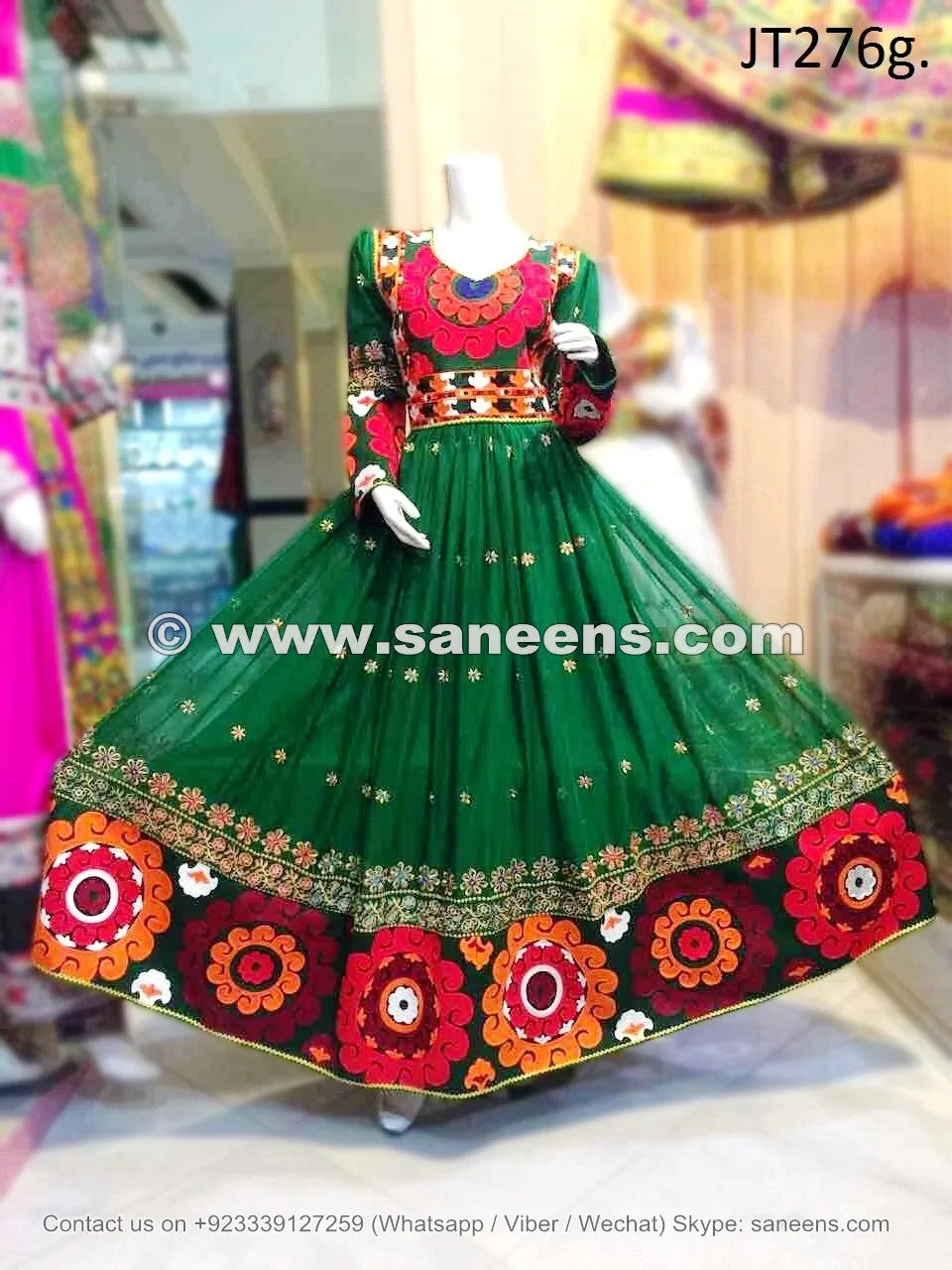 Afghani Dress In Green Color With Large Flower Embroidery