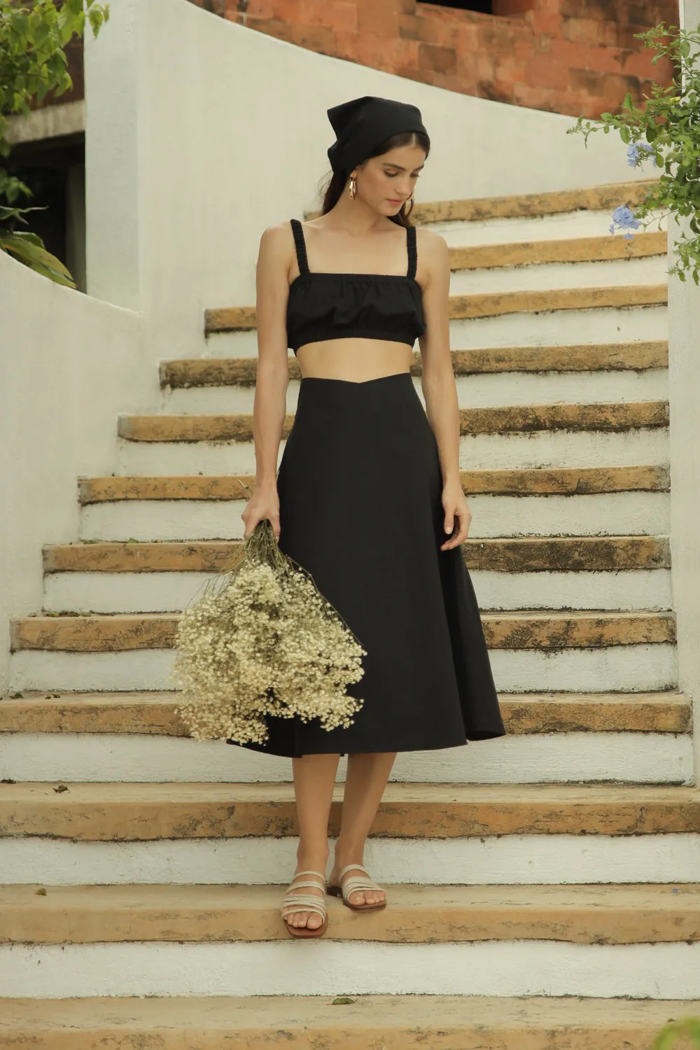 AGNES SET Gathered Crop Top with Midi Skirt (Black Linen)