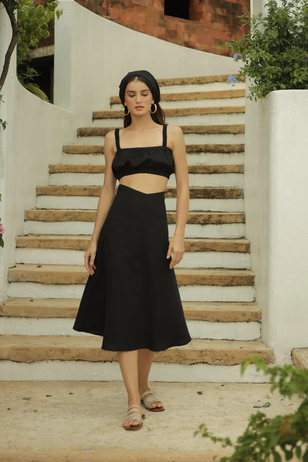 AGNES SET Gathered Crop Top with Midi Skirt (Black Linen)