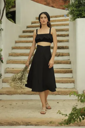 AGNES SET Gathered Crop Top with Midi Skirt (Black Linen)
