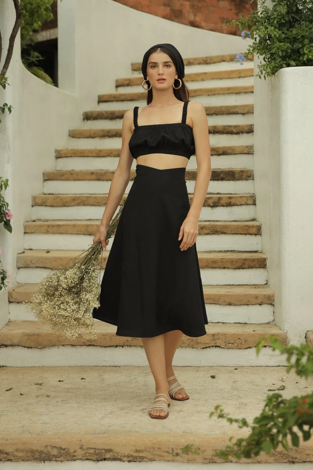 AGNES SET Gathered Crop Top with Midi Skirt (Black Linen)