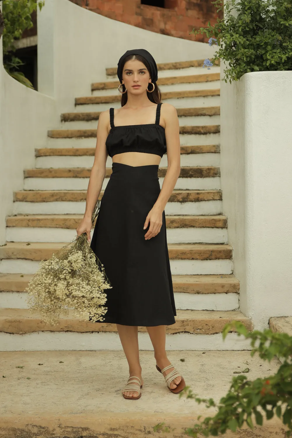 AGNES SET Gathered Crop Top with Midi Skirt (Black Linen)