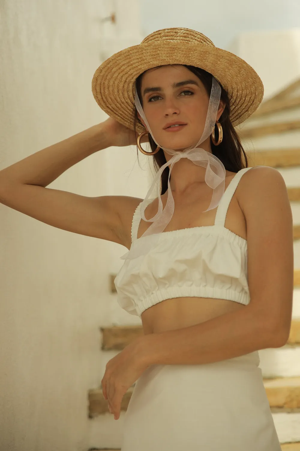 AGNES SET Gathered Crop Top with Midi Skirt (White Linen)