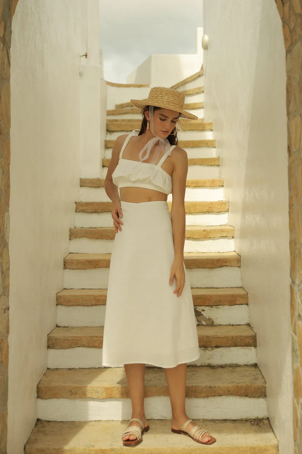 AGNES SET Gathered Crop Top with Midi Skirt (White Linen)