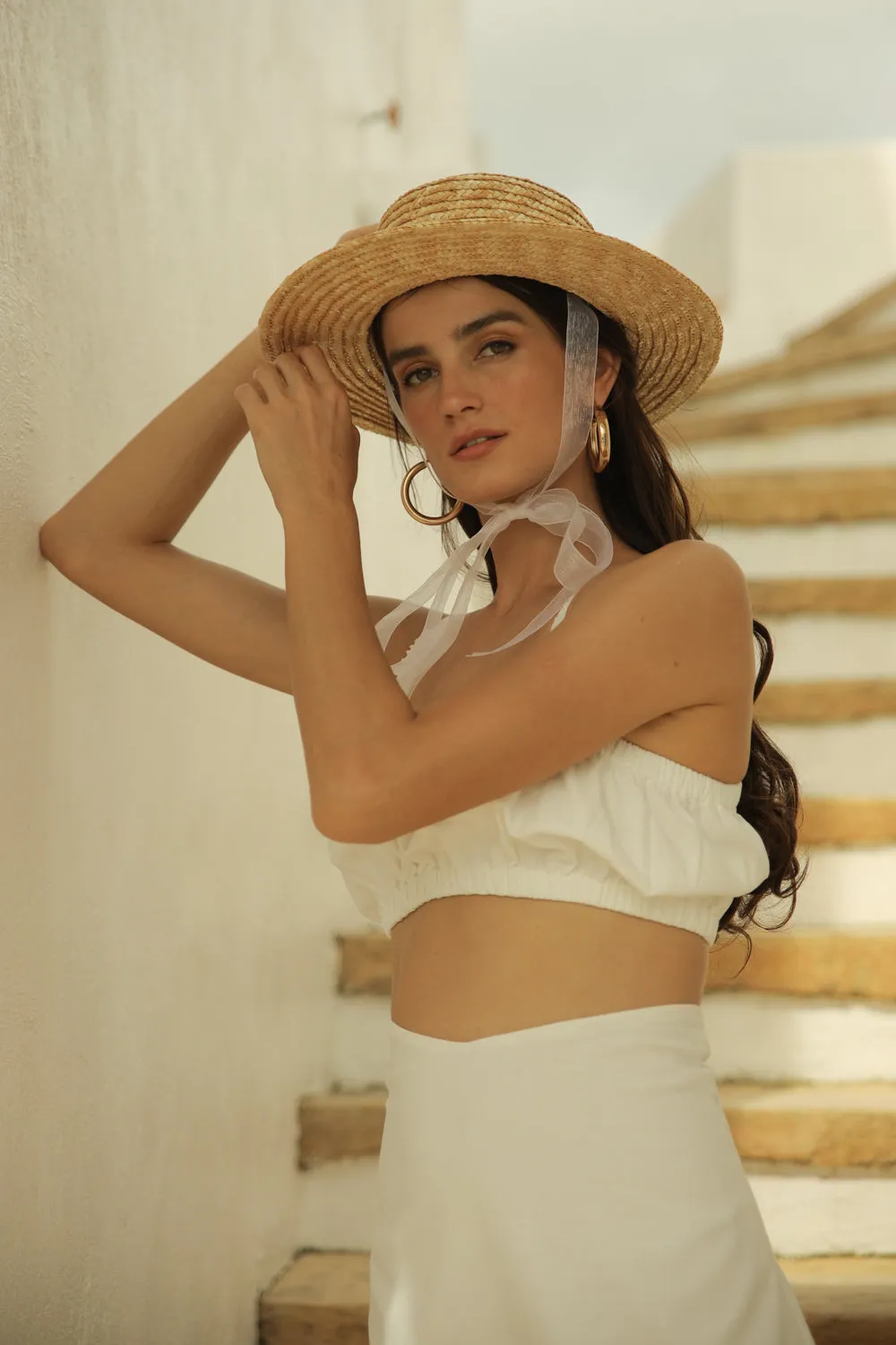 AGNES SET Gathered Crop Top with Midi Skirt (White Linen)