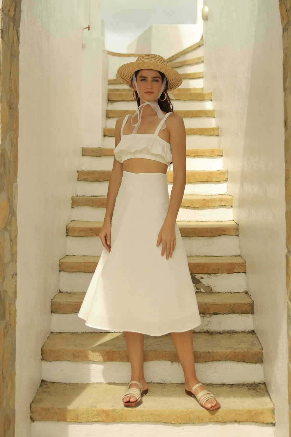 AGNES SET Gathered Crop Top with Midi Skirt (White Linen)