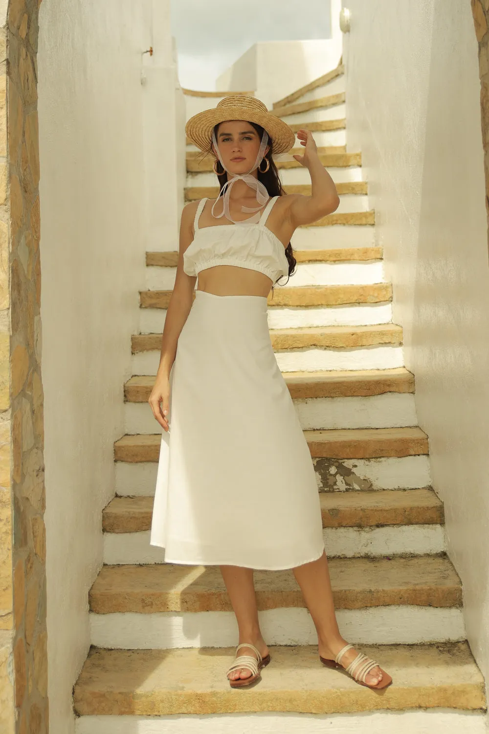 AGNES SET Gathered Crop Top with Midi Skirt (White Linen)