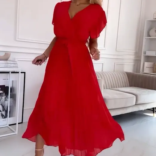 AMANDA - ELEGANT V-NECK PLEATED MAXI DRESS