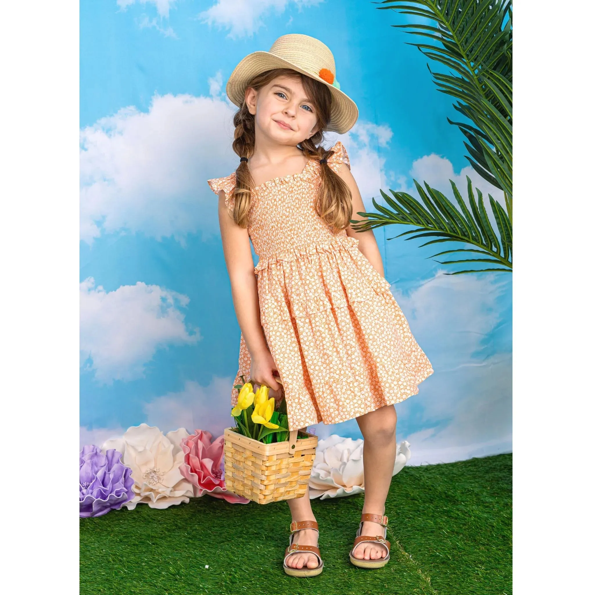 Andy & Evan Orange Floral Ruffle Smock Dress