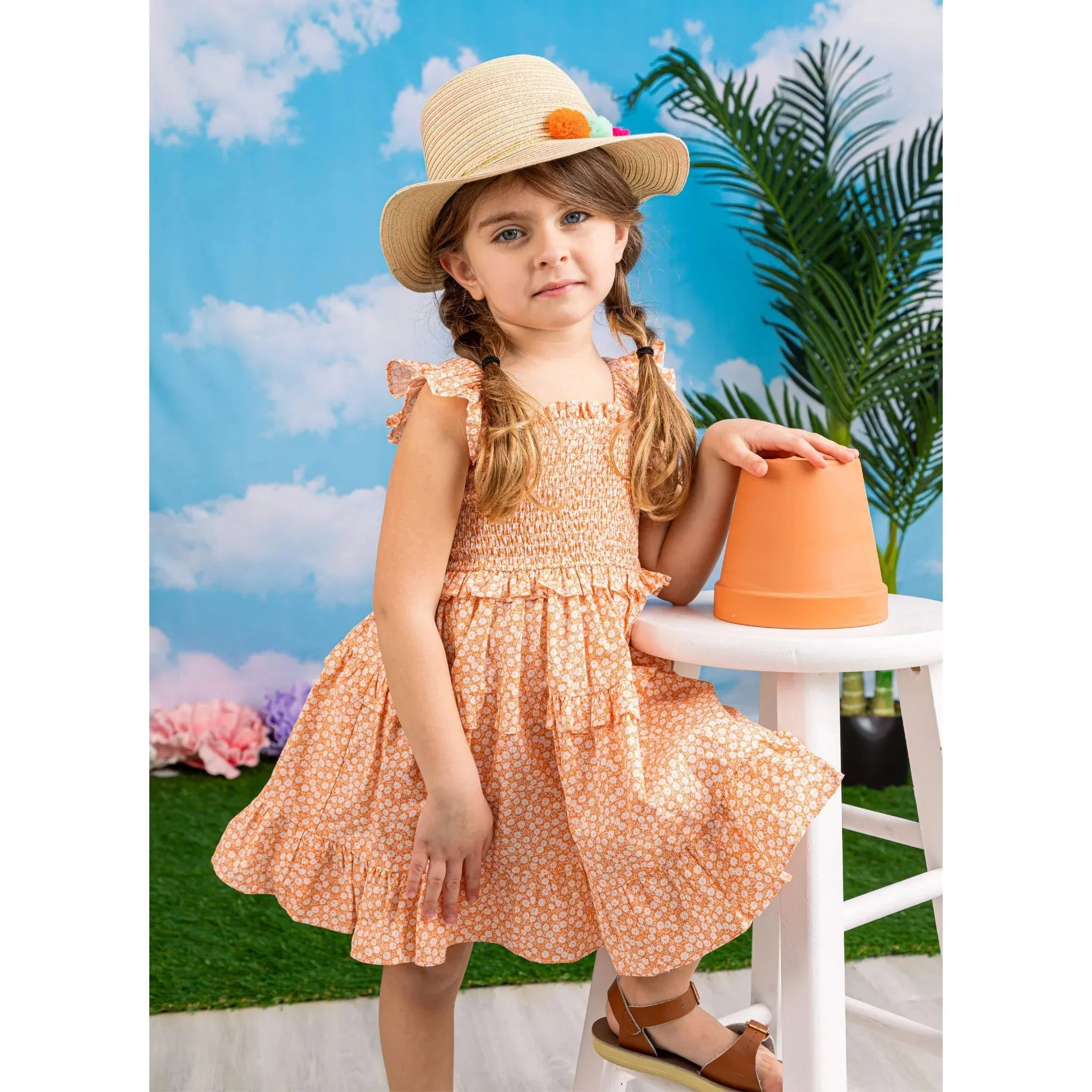Andy & Evan Orange Floral Ruffle Smock Dress