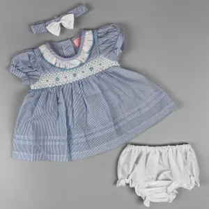 Baby Girl Blue Striped Summer Dress Set – Smocked Front, Floral Embroidery & Matching Accessories