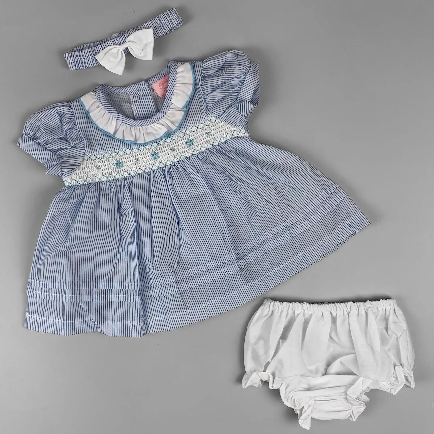 Baby Girl Blue Striped Summer Dress Set – Smocked Front, Floral Embroidery & Matching Accessories
