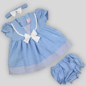 Baby Girl Blue Summer Dress – Sailor Style, White Bow & Matching Accessories