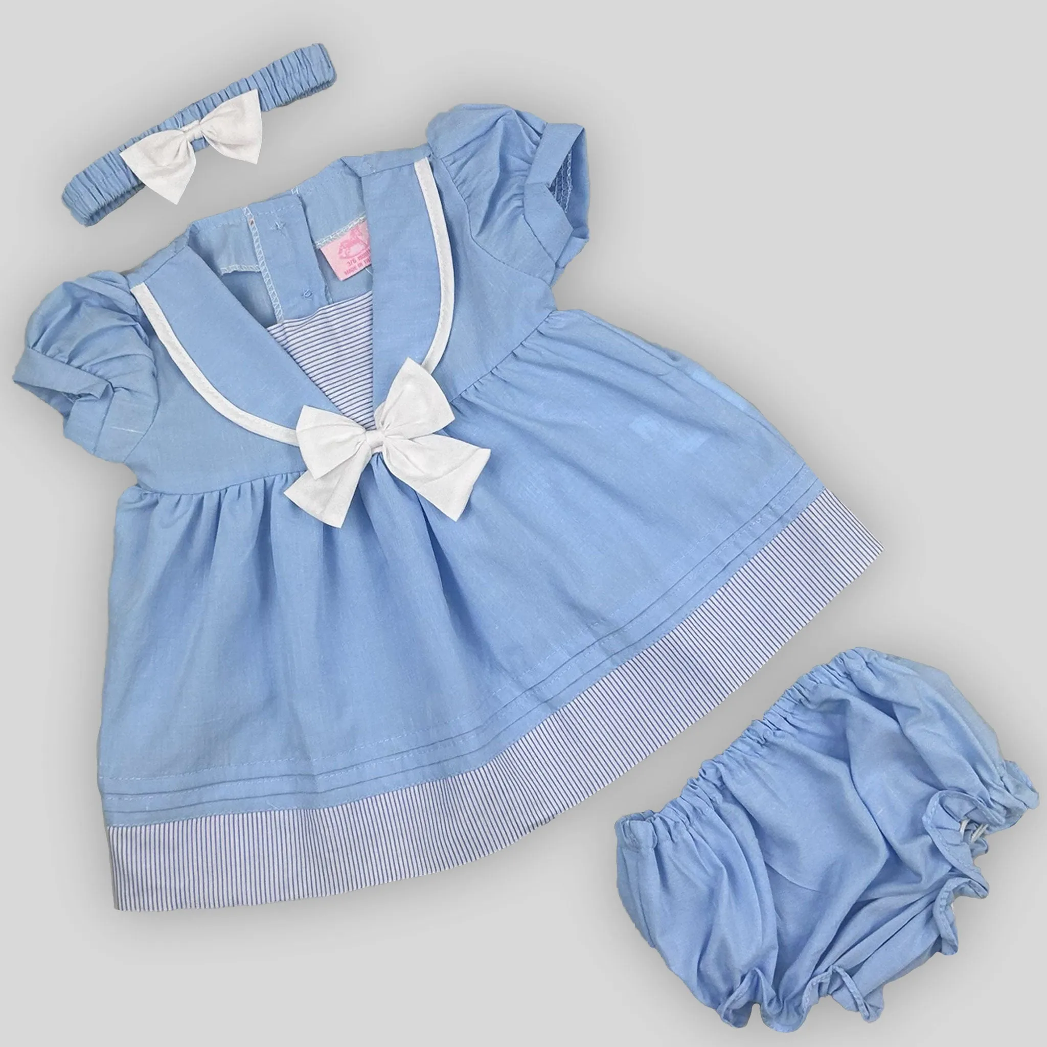 Baby Girl Blue Summer Dress – Sailor Style, White Bow & Matching Accessories