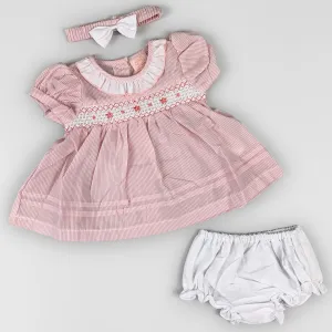 Baby Girl Pink Striped Summer Dress Set – Smocked Front, Floral Embroidery & Matching Accessories