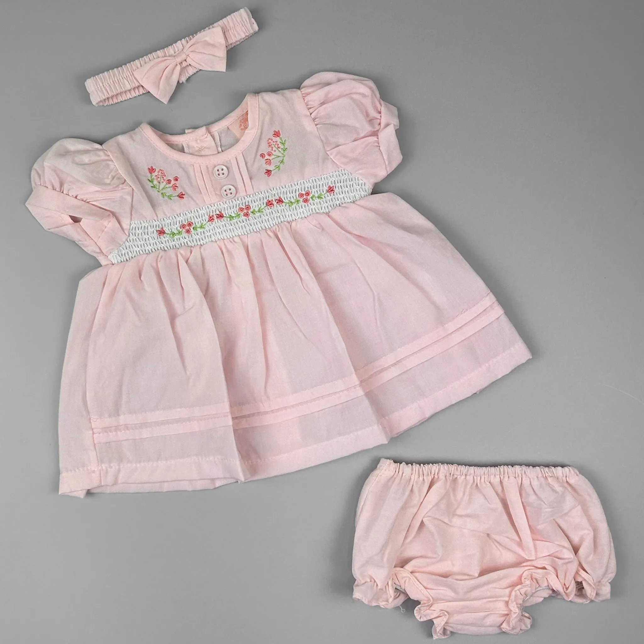 Baby Girl Pink Summer Dress Set – Embroidered Flowers & Smocking with Matching Accessories
