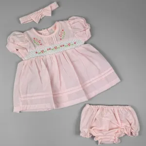 Baby Girl Pink Summer Dress Set – Embroidered Flowers & Smocking with Matching Accessories