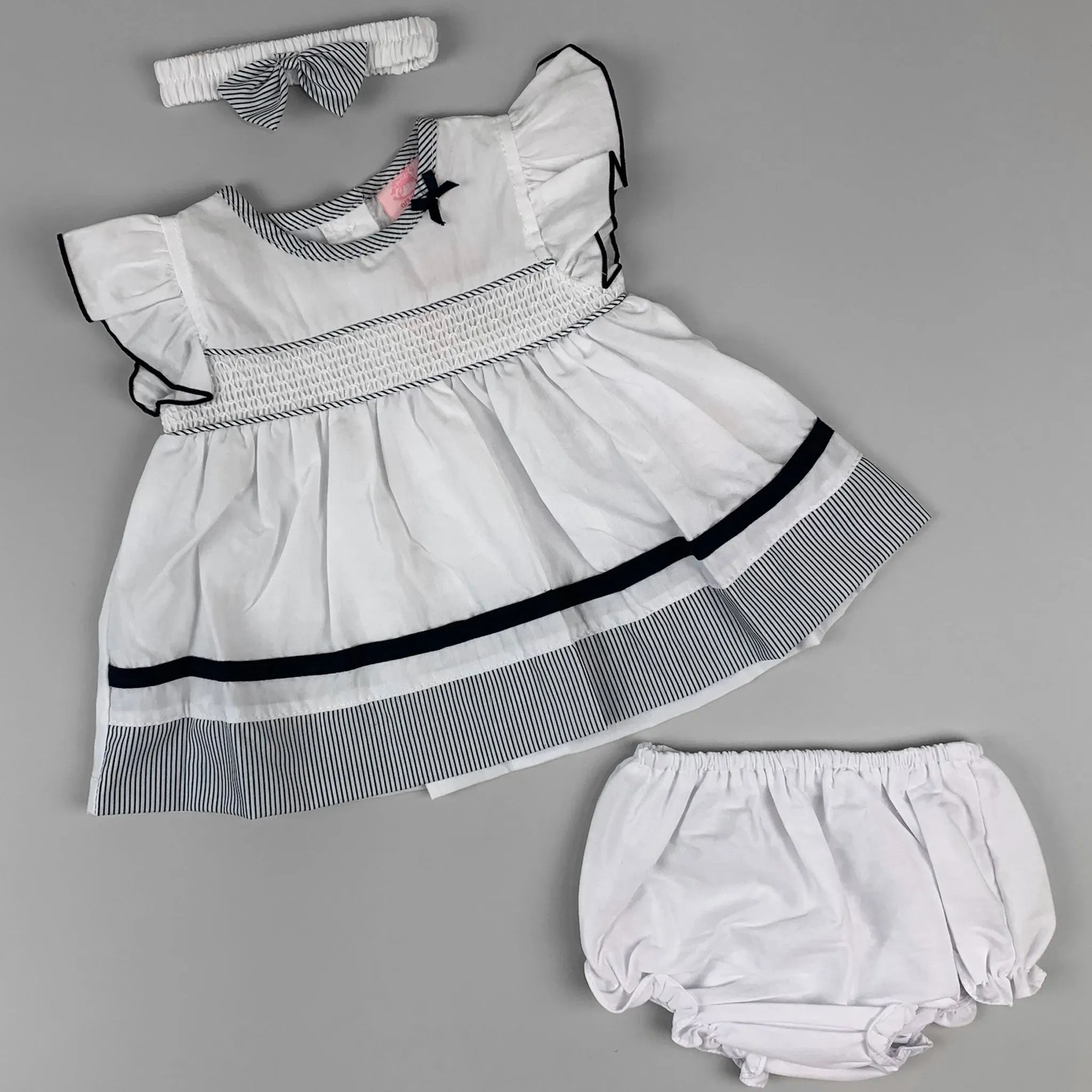 Baby Girl White Summer Dress Set – Smocked Front, Navy Striped Accents & Matching Accessories